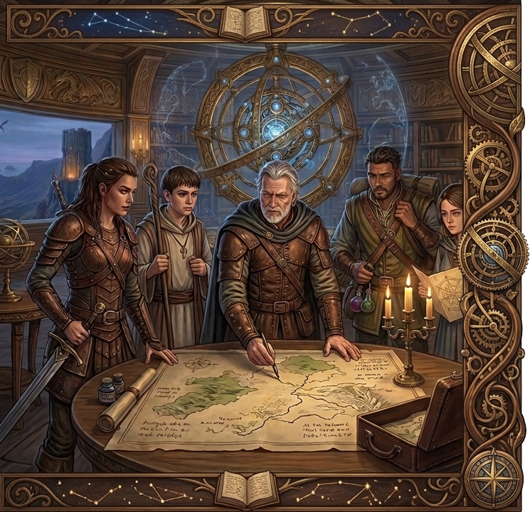 A party gathers around the map